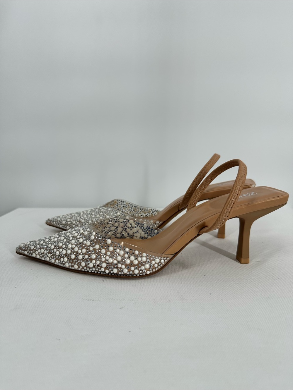 ZARA Clear PVC Pearl Rhinestone Embellished Pointed Slingback Kitty Heels Size 7 - Picture 2 of 15